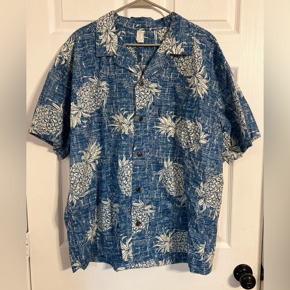 Palmwave Men’s Hawaiian Button Up Blue & White With Pineapple Pattern Size 2xl